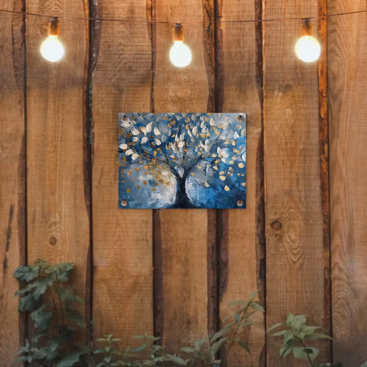 Boom - Blauw - Goud - Abstract tuinposter los doek klein -sfeer1