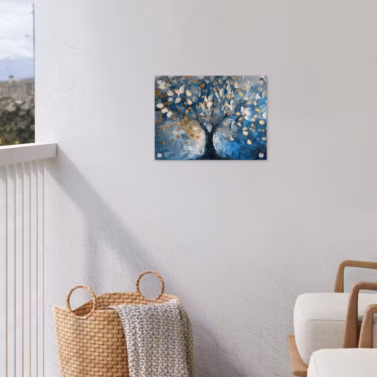 Boom - Blauw - Goud - Abstract tuinposter los doek klein -sfeer8