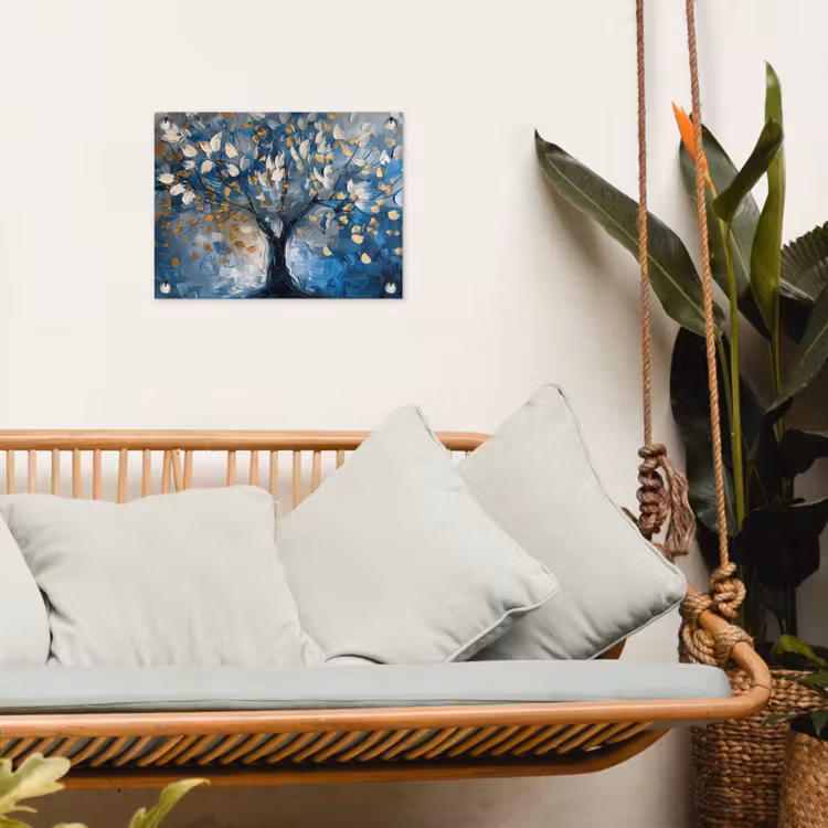 Boom - Blauw - Goud - Abstract tuinposter los doek klein -sfeer7