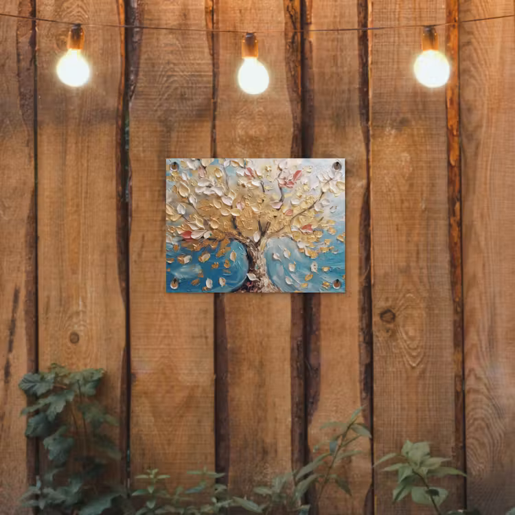Boom - Blauw - Goud - Abstract - Modern tuinposter los doek klein -sfeer1
