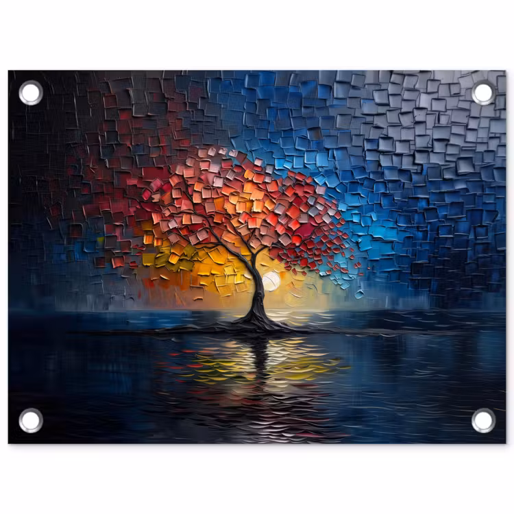 Boom - Blauw - Bladeren - Vakken tuinposter los doek klein -3d