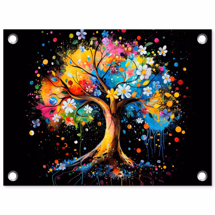 Boom - Kleurrijk - Bloemen - Zwart tuinposter los doek klein -3d