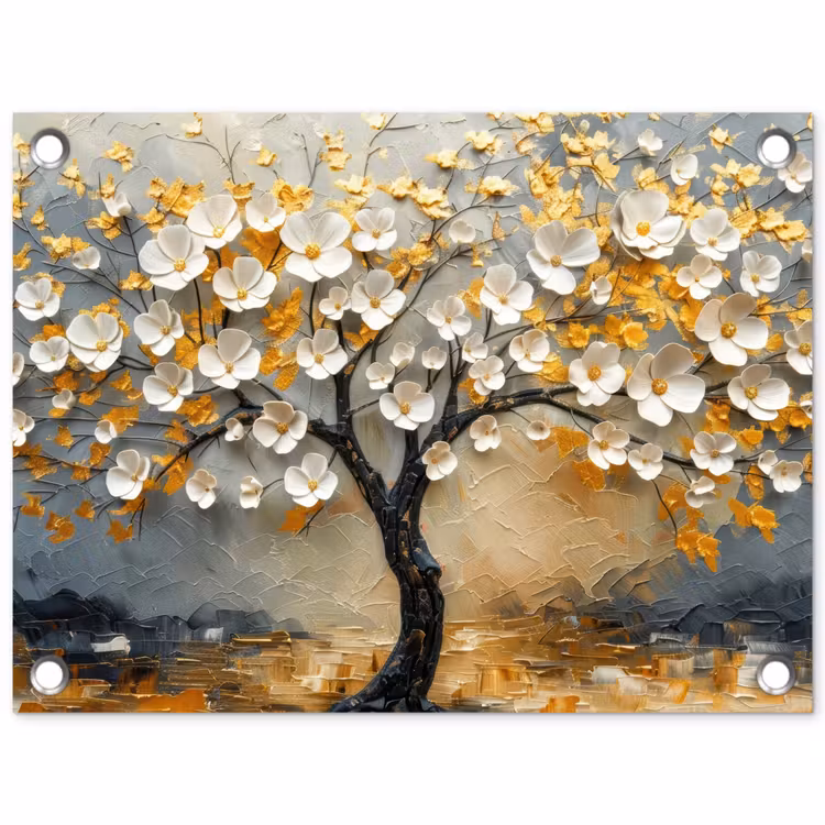 Boom - Bloemen - Goud - Beige tuinposter los doek klein -3d