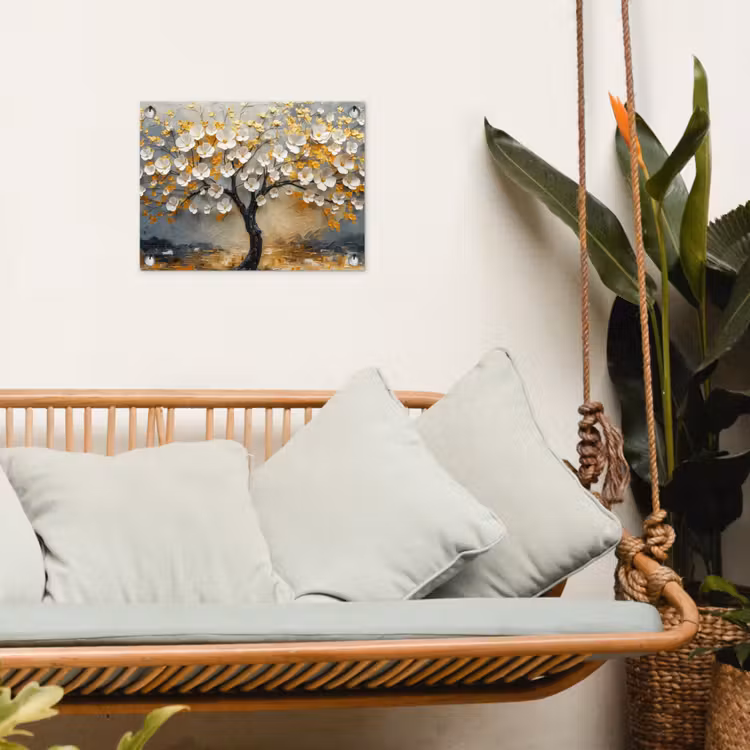Boom - Bloemen - Goud - Beige tuinposter los doek klein -sfeer7