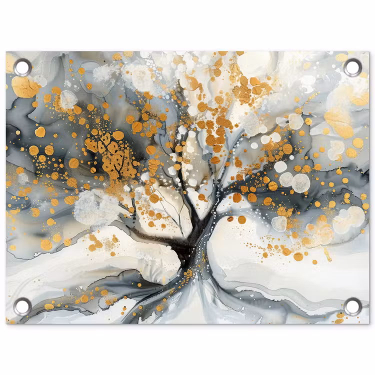 Boom - Modern - Abstract - Goud - Zwart - Wit tuinposter los doek klein -3d