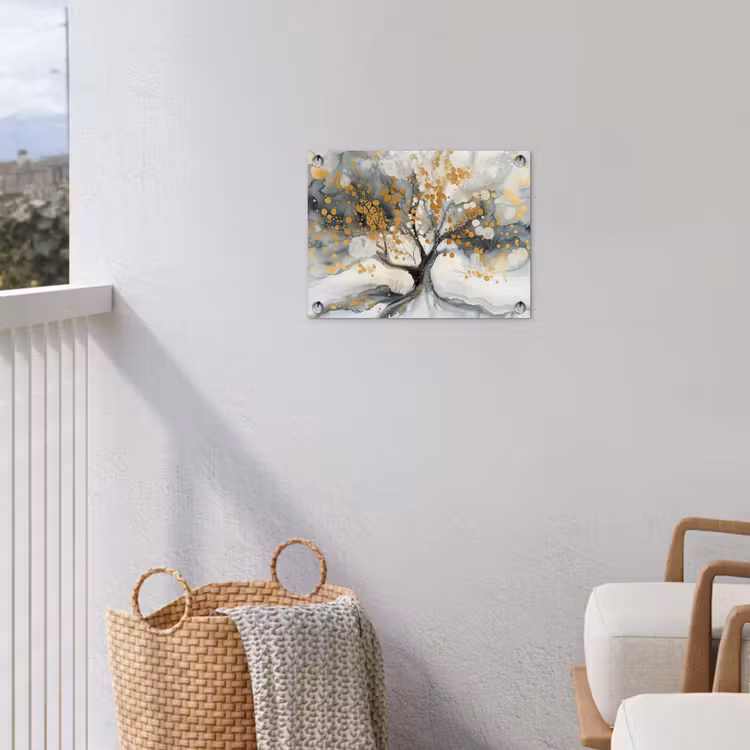 Boom - Modern - Abstract - Goud - Zwart - Wit tuinposter los doek klein -sfeer8