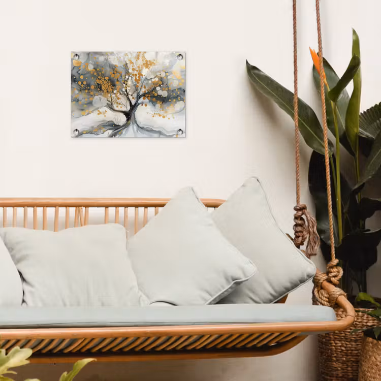 Boom - Modern - Abstract - Goud - Zwart - Wit tuinposter los doek klein -sfeer7