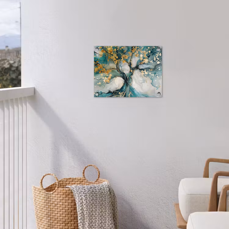 Boom - Modern - Verflook - Turquoise - Goud tuinposter los doek klein -sfeer8