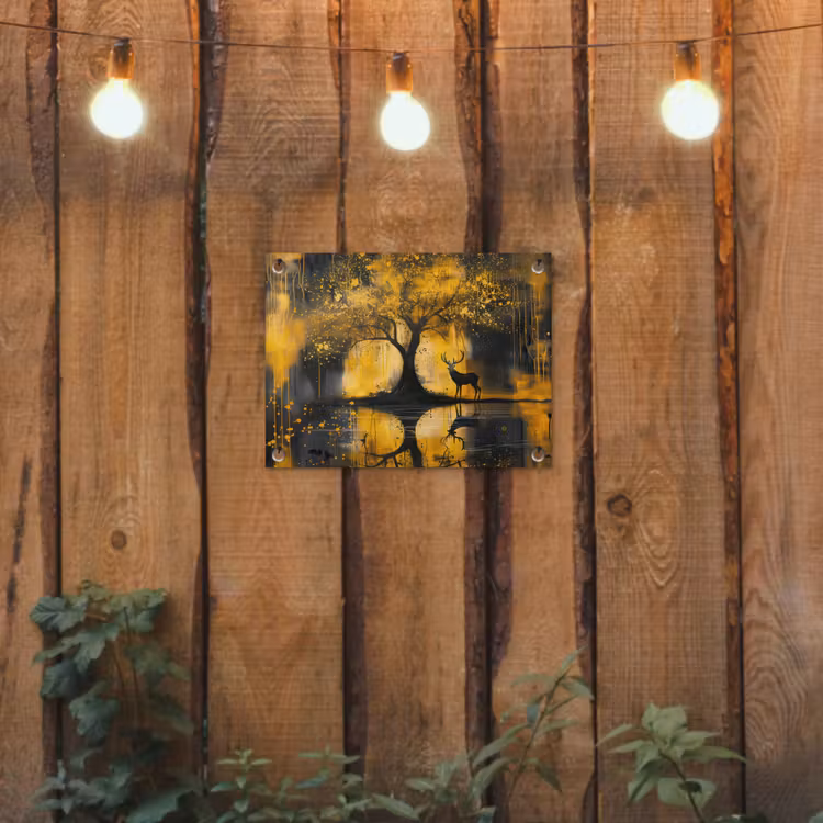Boom - Verflook - Hert - Natuur - Goud tuinposter los doek klein -sfeer1