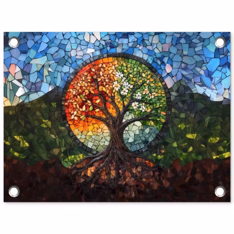 Boom - Seizoenen - Mozaïek - Bergen tuinposter los doek klein -3d