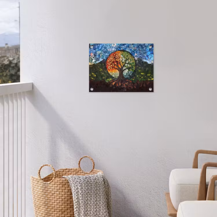 Boom - Seizoenen - Mozaïek - Bergen tuinposter los doek klein -sfeer8