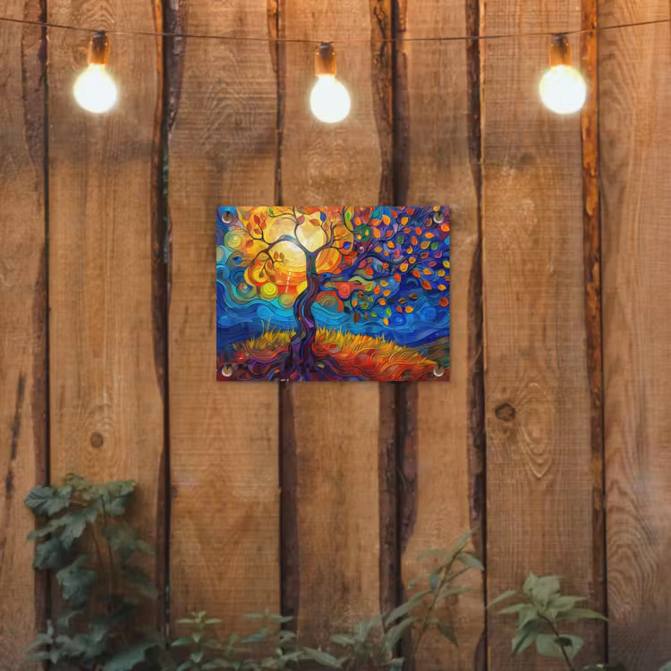 Boom - Zon - Verflook - Kleuren - Abstract tuinposter los doek klein -sfeer1