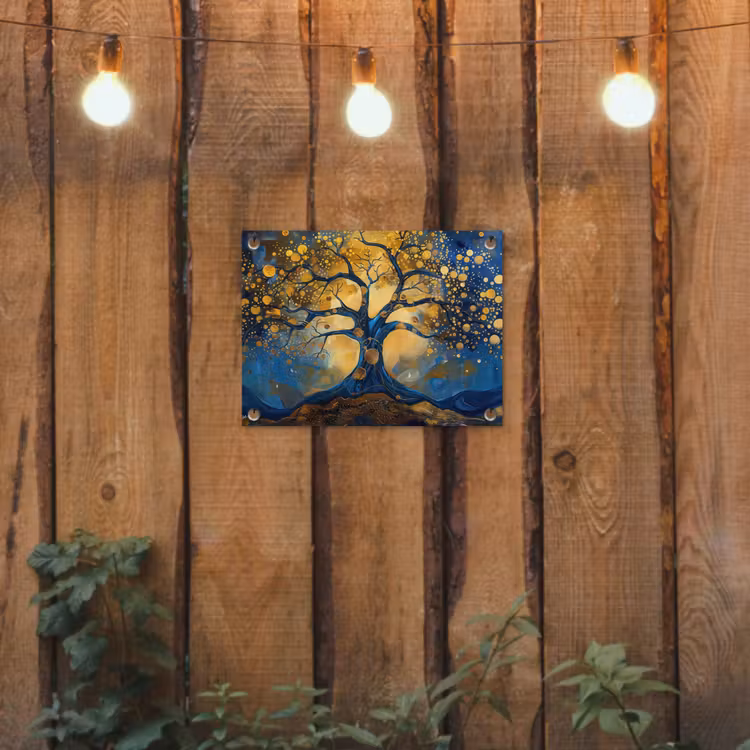 Boom - Levensboom - Blauw - Goud tuinposter los doek klein -sfeer1