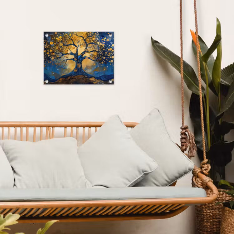 Boom - Levensboom - Blauw - Goud tuinposter los doek klein -sfeer7