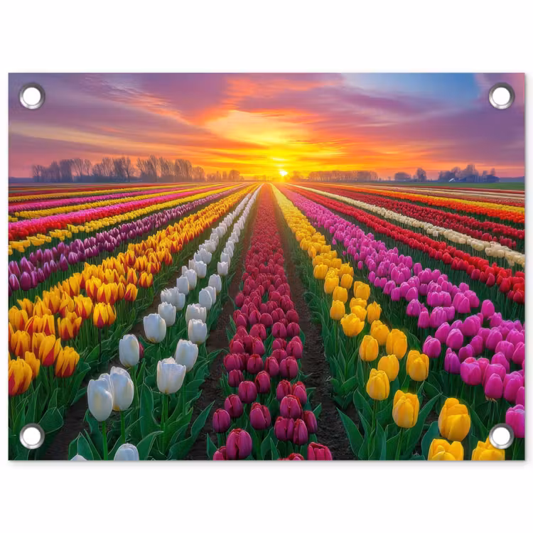 Tulpenveld - Zonsondergang - Kleurrijk tuinposter los doek klein -3d
