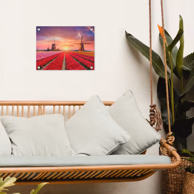 Tulpenvelden met windmolens bij zonsondergang tuinposter los doek klein -sfeer7