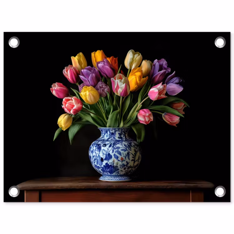 Tulpen - Kleuren - Hout - Vaas tuinposter los doek klein -3d