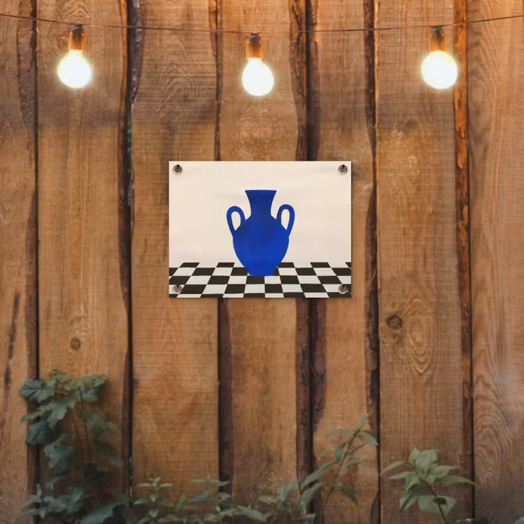 Vaas - Blauw - Geblokt - Modern tuinposter los doek klein -sfeer1