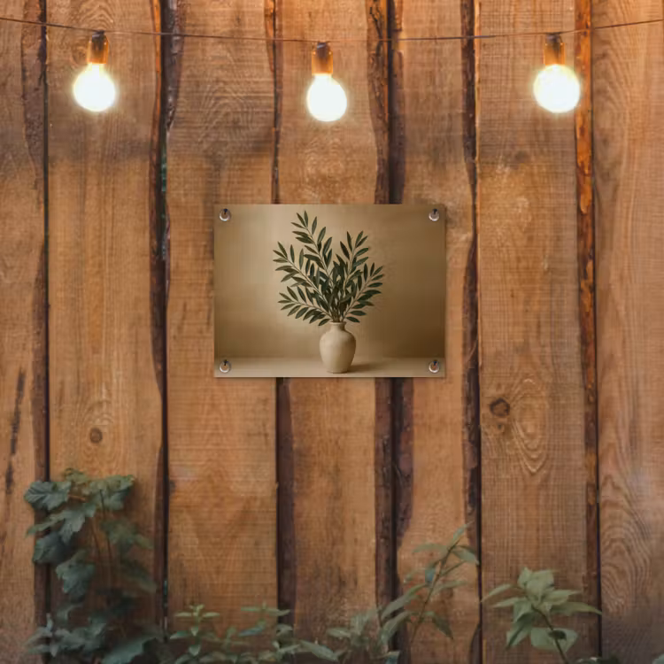 Vaas - Olijftakken - Bladeren - Beige tuinposter los doek klein -sfeer1