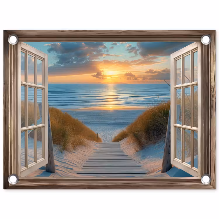 Doorkijk - Strand - Pad - Zonsondergang tuinposter los doek klein -3d