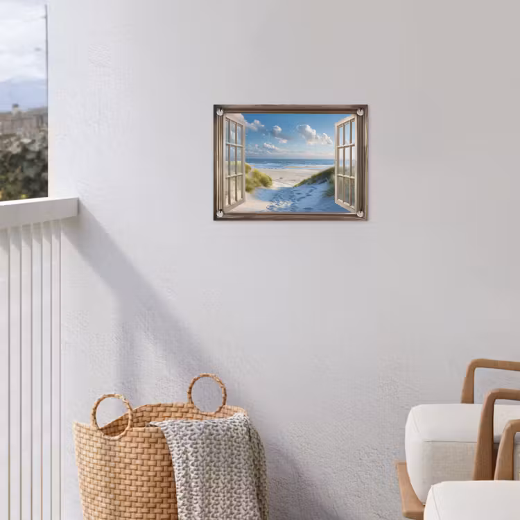 Doorkijk - Strand - Raam - Duinen - Zee tuinposter los doek klein -sfeer8