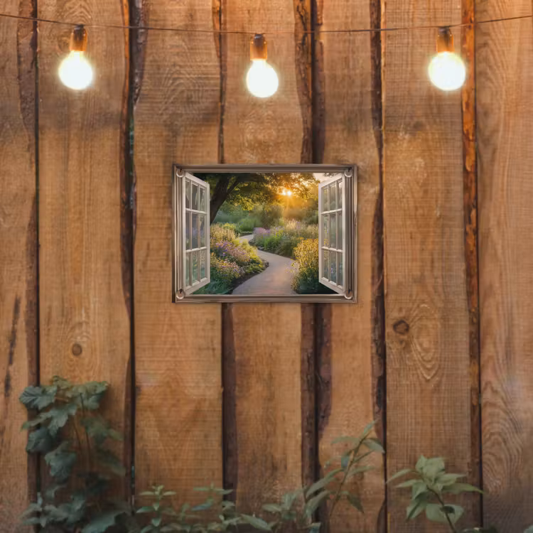 Doorkijk - Bloemen - Natuur - Zon - Pad tuinposter los doek klein -sfeer1