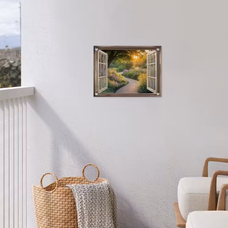Doorkijk - Bloemen - Natuur - Zon - Pad tuinposter los doek klein -sfeer8