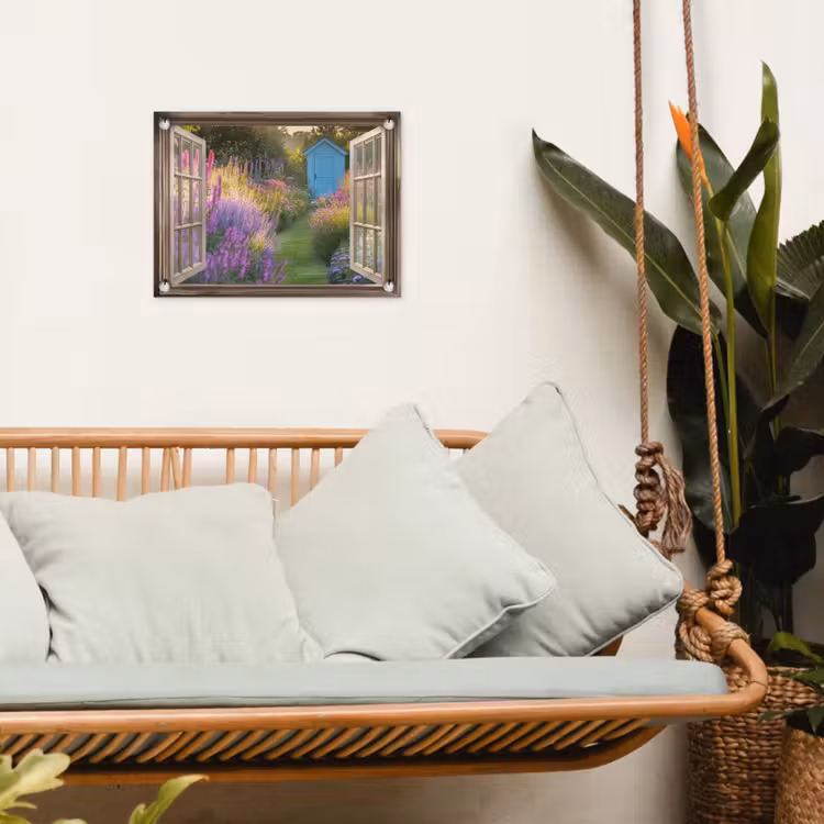 Doorkijk - Bloemen - Raam - Natuur tuinposter los doek klein -sfeer7
