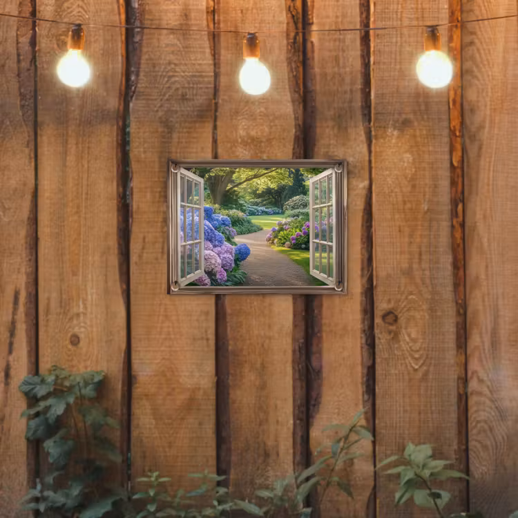 Doorkijk - Tuin - Raam - Hortensia - Bloemen tuinposter los doek klein -sfeer1