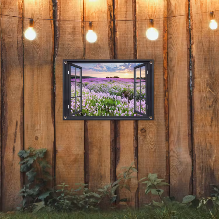 Uitzicht op Lavendelveld bij Zonsondergang tuinposter los doek klein -sfeer1