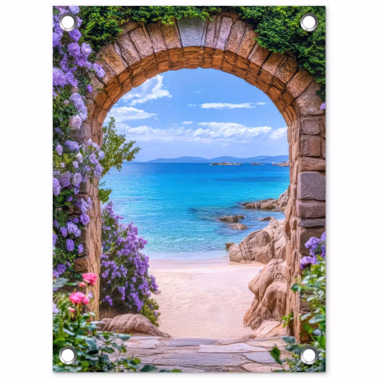 Doorkijk - Poort - Zee - Strand - Rotsen tuinposter los doek klein -3d