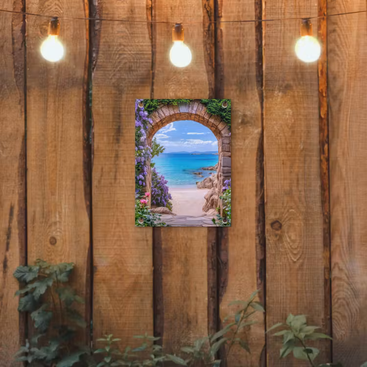Doorkijk - Poort - Zee - Strand - Rotsen tuinposter los doek klein -sfeer1