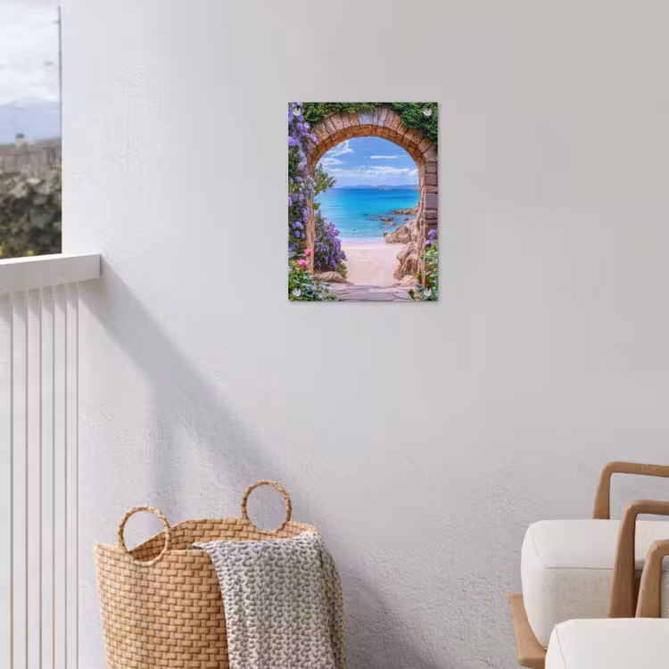 Doorkijk - Poort - Zee - Strand - Rotsen tuinposter los doek klein -sfeer8