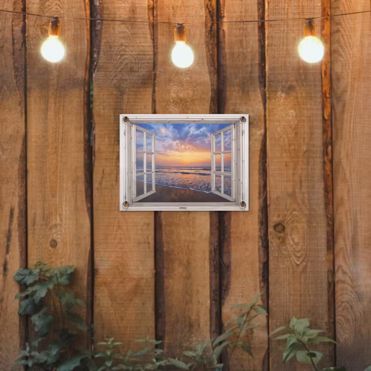 Doorkijk - Zee - Strand - Zonsondergang - Blauw tuinposter los doek klein -sfeer1
