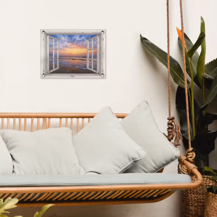 Doorkijk - Zee - Strand - Zonsondergang - Blauw tuinposter los doek klein -sfeer7