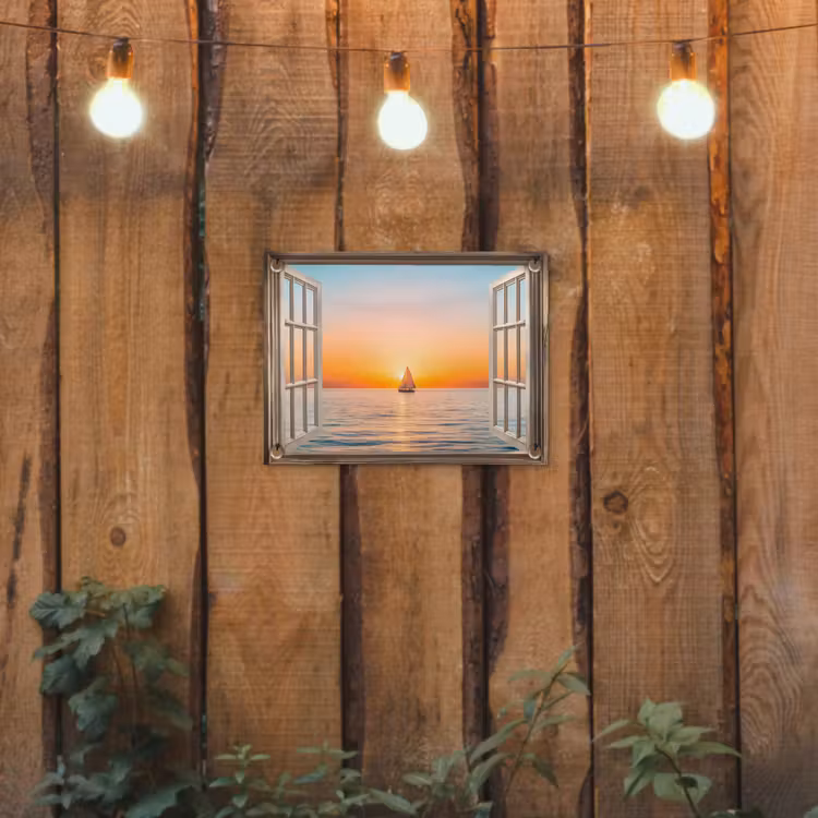 Doorkijk - Zee - Boot - Zonsondergang tuinposter los doek klein -sfeer1