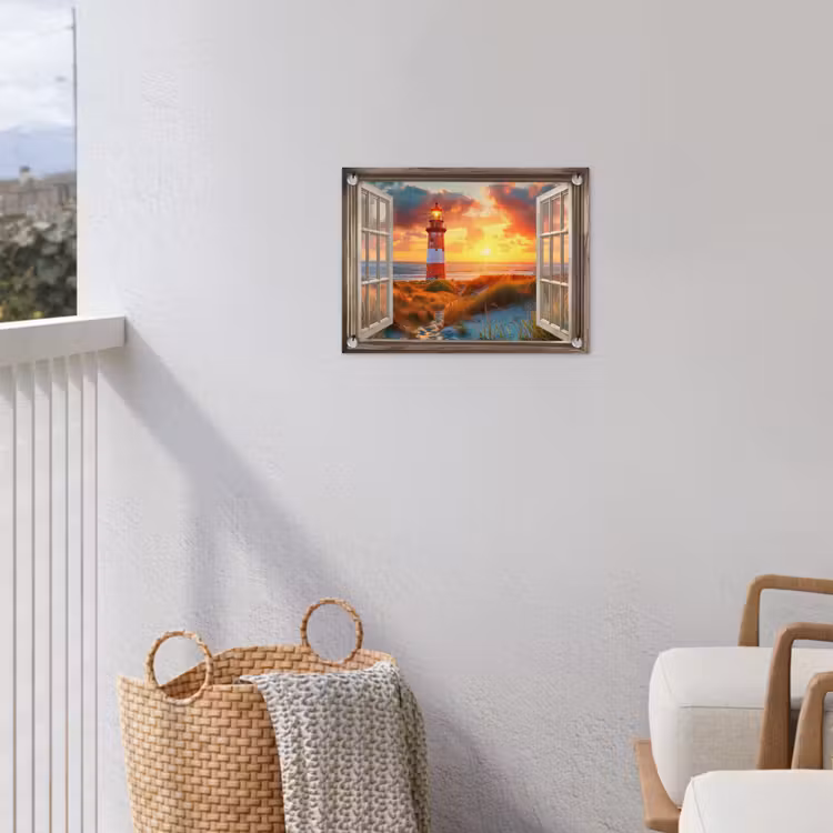 Doorkijk - Raam - Vuurtoren - Zonsondergang - Strand tuinposter los doek klein -sfeer8