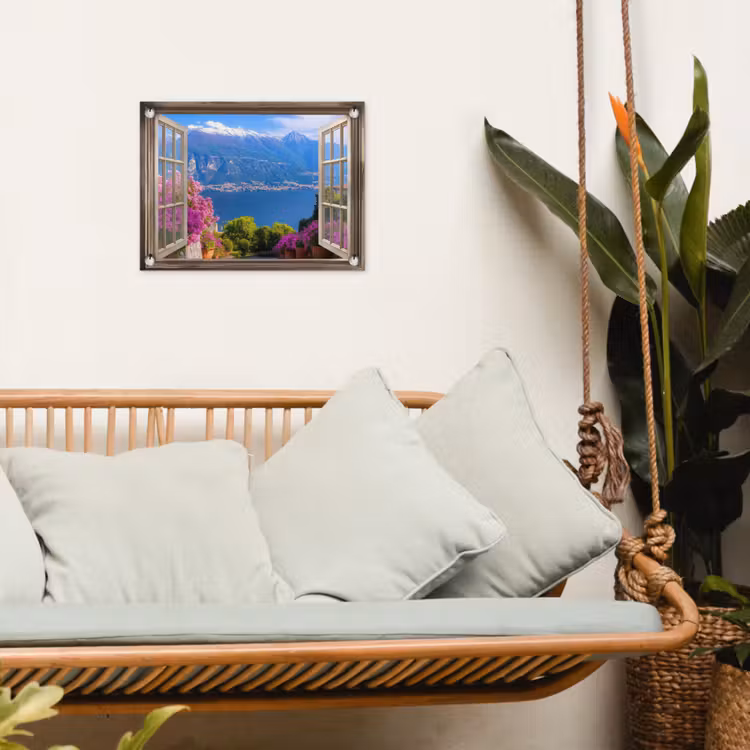 Doorkijk - Berg - Landschap - Uitzicht - Meer tuinposter los doek klein -sfeer7