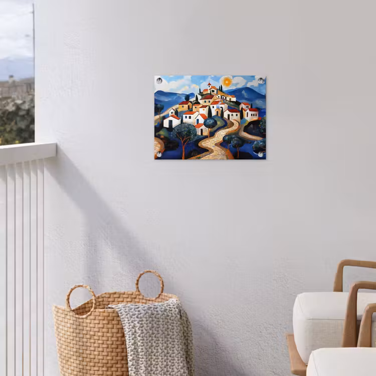 Dorp - Heuvelachtig - Zon - Mozaïek tuinposter los doek klein -sfeer8