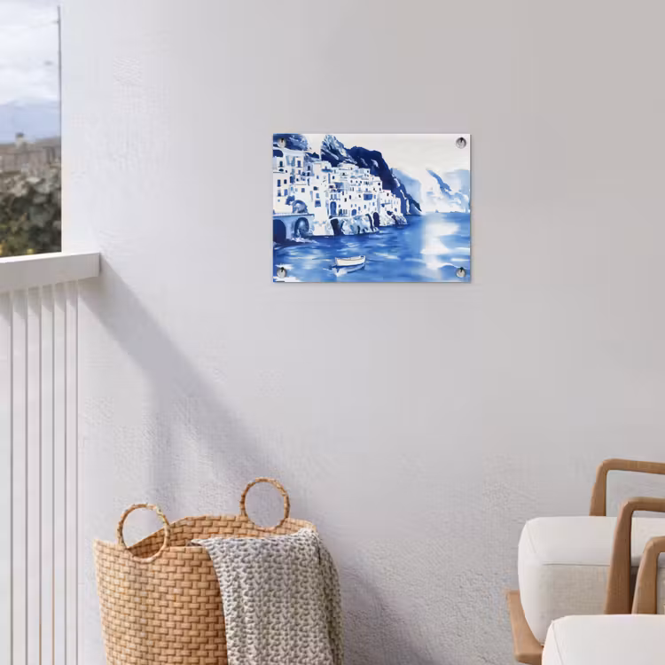 Dorp - Rotswand - Roeiboot - Water tuinposter los doek klein -sfeer8