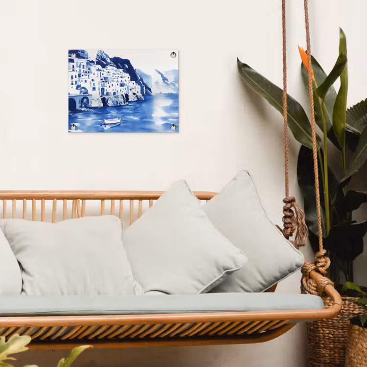 Dorp - Rotswand - Roeiboot - Water tuinposter los doek klein -sfeer7
