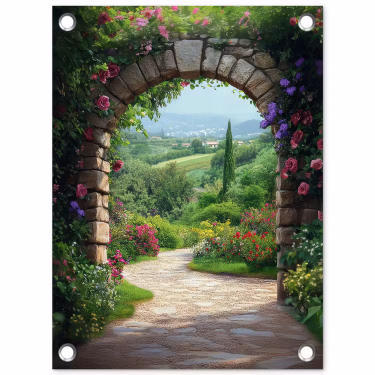 Doorkijk - Landschap - Bloemen - Pad - Uitzicht tuinposter los doek klein -3d