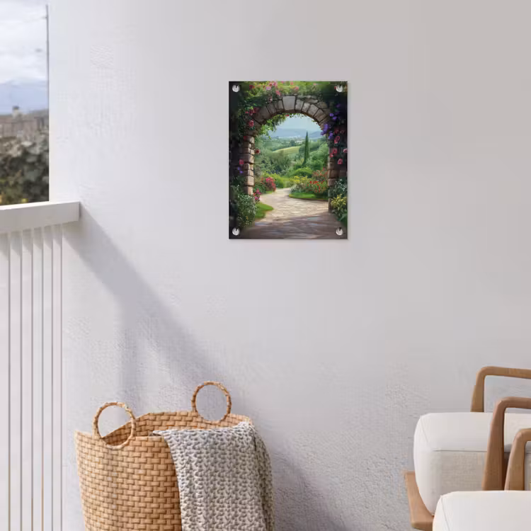 Doorkijk - Landschap - Bloemen - Pad - Uitzicht tuinposter los doek klein -sfeer8