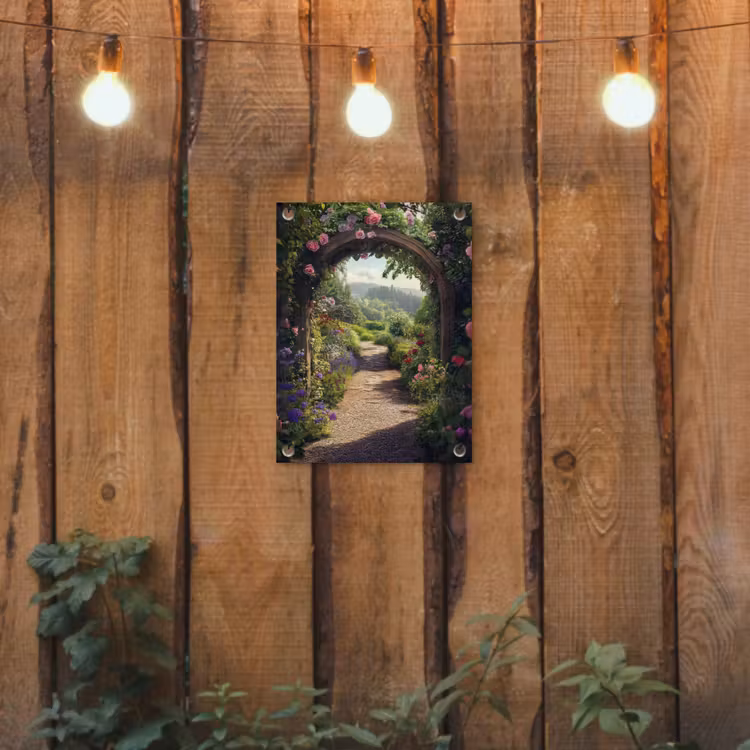 Doorkijk - Landschap - Bloemen - Rozenboog - Natuur tuinposter los doek klein -sfeer1