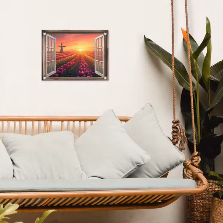 Doorkijk - Tulpen - Zonsondergang - Bloemen - Kleurrijk tuinposter los doek klein -sfeer7