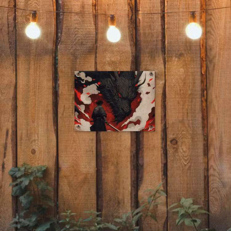 Krijger - Draak - Zwart - Rood - Rook tuinposter los doek klein -sfeer1