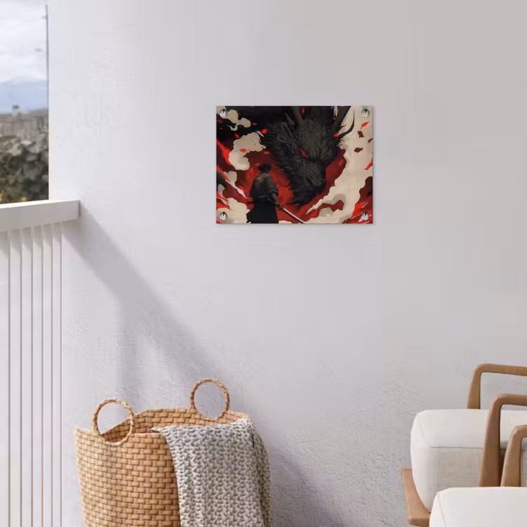 Krijger - Draak - Zwart - Rood - Rook tuinposter los doek klein -sfeer8
