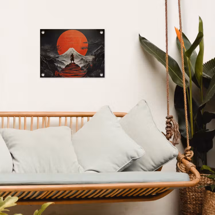 Krijger - Rode trappen - Zon - Berg tuinposter los doek klein -sfeer7