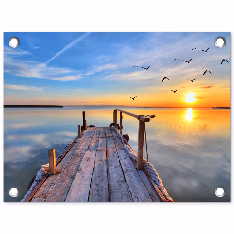 Water - Steiger - Vogels - Zonsondergang - Horizon tuinposter los doek klein -3d