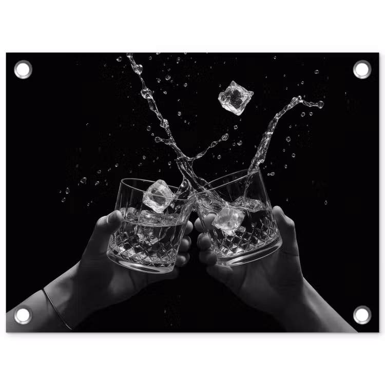 Whiskyglazen - Ijs - Spetters - Zwart tuinposter los doek klein -3d